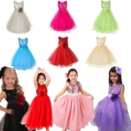 2019 Formal Sequins Grils Dress Kids Baby 3D Flower Girl Lace Tulle Gown Princess Party Wedding Long Dresses 5 Colors | Детская одежда
