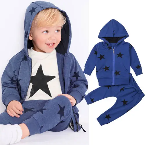 2018- Baby Boy Girl Infant Clothes Autumn Winter Star Partten Long Sleeve Zipper Hooded Sweatshirt Tops+Pants 2PCS Set Outfits |