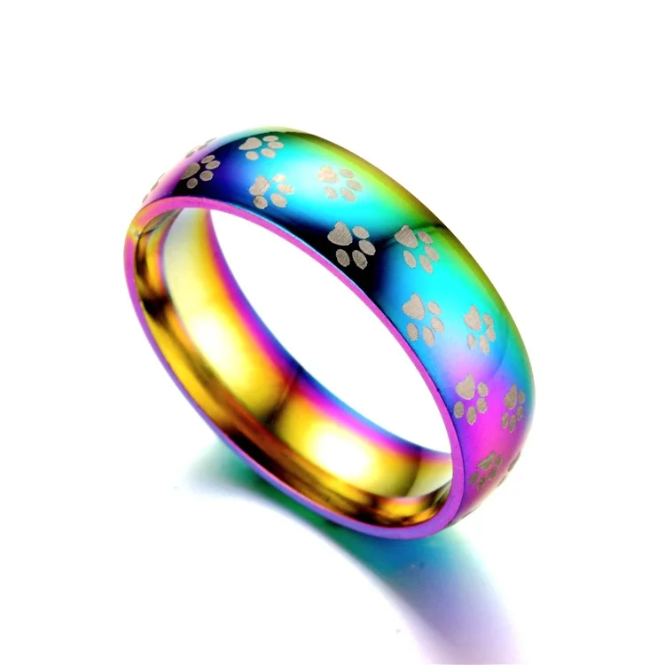 Fashion Stainless Steel Colorful Rainbow Cute Paw Printing Wedding Ring Women Men Jewelry | Украшения и аксессуары