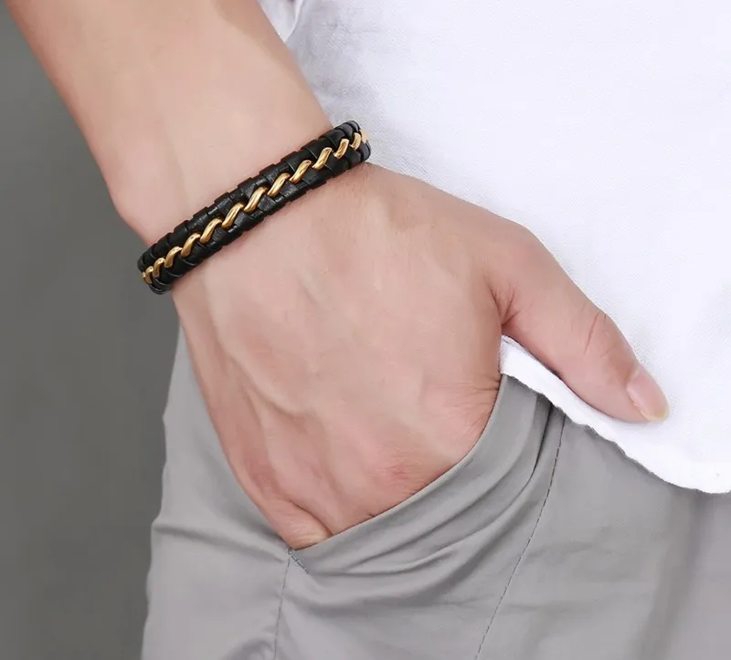 Настоящий кожаный браслет для мужчин черного цвета, браслет из нержавеющей стали, мужская ювелирная украшение, новинка для друга.