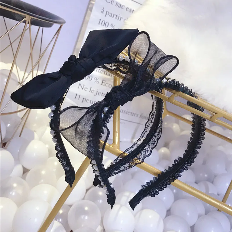 

New Korean Bud Silk Yarn Pearl Hair Bows for Women Lace Flower Rabbit Ear Hairband High Quality Hair Accessories Headband Female