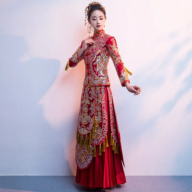 Лидер продаж красное атласное платье Cheongsam с вышивкой китайское свадебное для