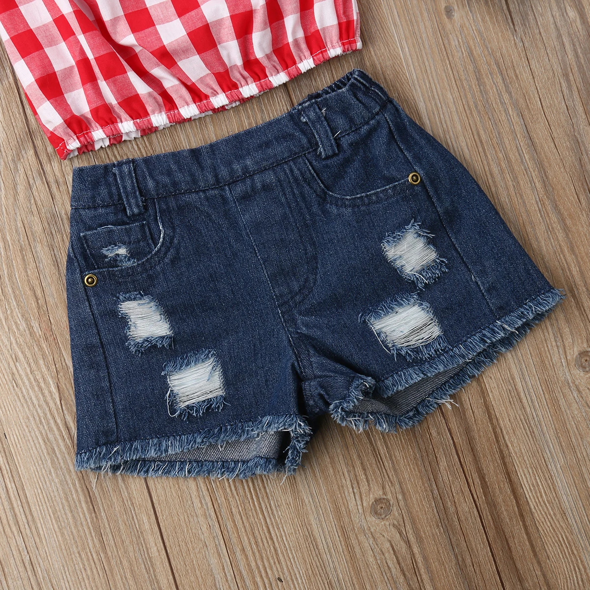 2019 новые модные клетчатые топы с открытыми плечами для девочек джинсовые шорты