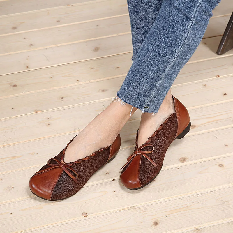 

2019 Handmade Vintage Genuine Leather Women Flats Mixed Color Round Toes Women Flat Shoes Casual Loafers