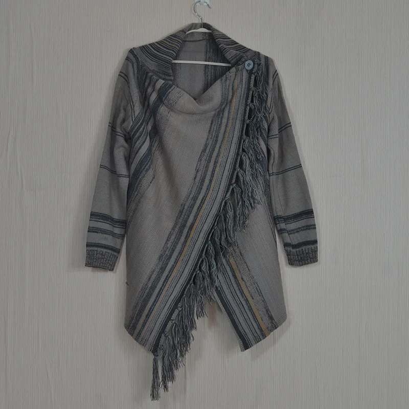 

Autumn Winter Knitted Cardigan Women Loose Long Sleeve Fringe Tassel Striped Cardigans Sweaters Female Plus Size Cardigan Woman