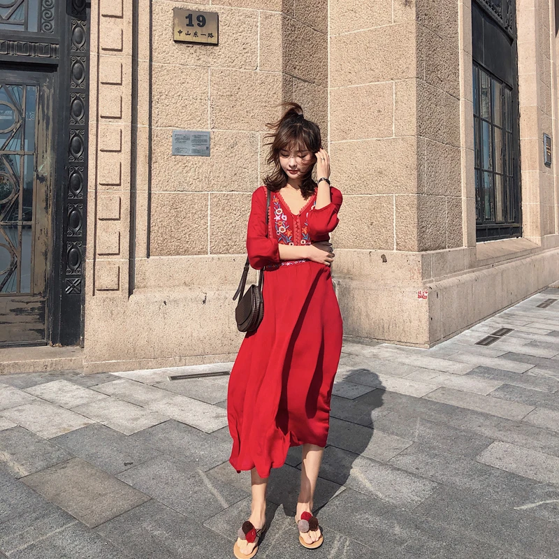 

Long Dress Plus Size Women 2019 Bohemian Casual V-neck Beach Dress Embroidery High Waist Cotton Linen Dress robe longue femme