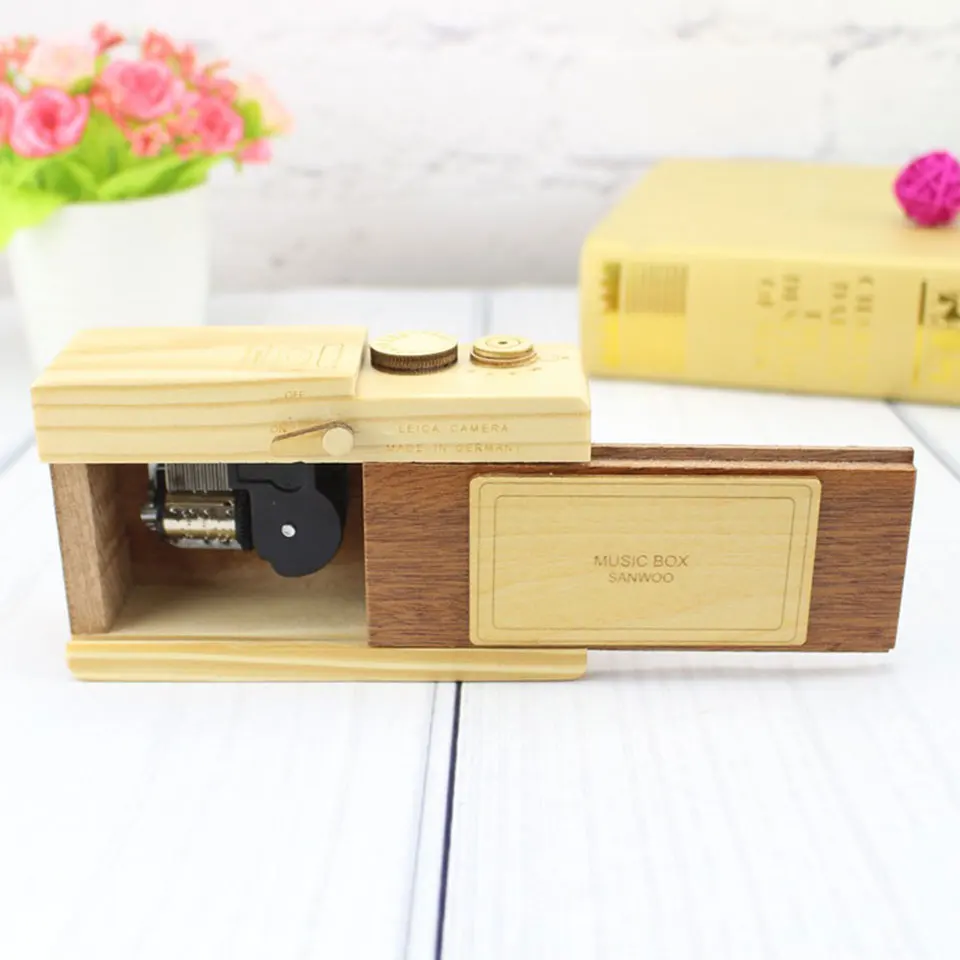 Engraved Wooden Music Box Musical Boxes Classic Camera Shape Clockwork Mechanism Sankyo Christmas Ornaments Gift | Дом и сад