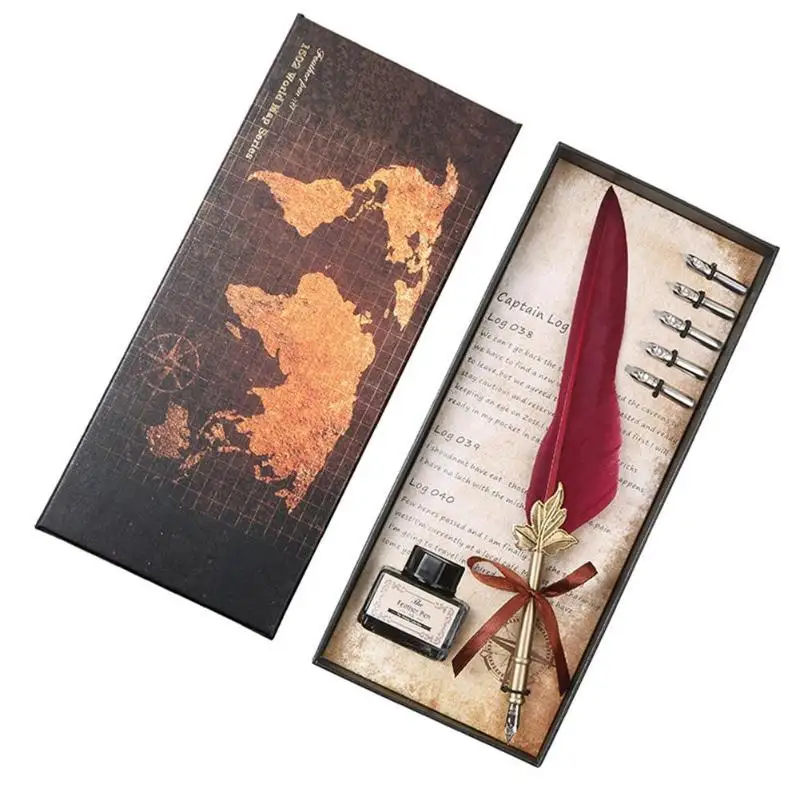 Creative Exquisite Retro Vintage Calligraphy Feather Dip Pen Writing Set Quill Fountain Pens Birthday Gifts Stainless Steel Nib|Перьевые
