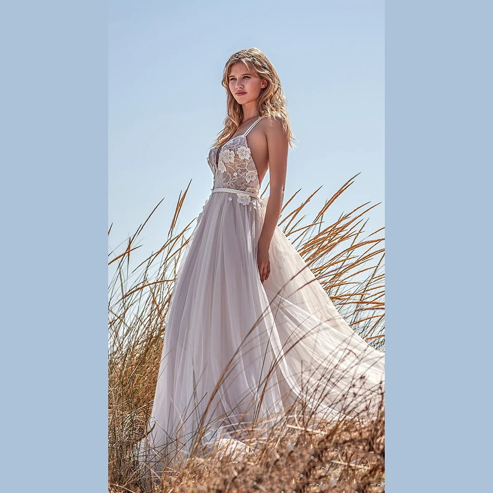 Свадебное платье с 3D цветами кружевное сексуальное невесты на тонких бретельках