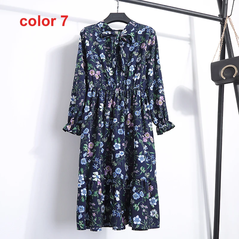 MoYan Women Floral Print Dress Stand Collar Bow Slim Elastic Waist Chiffon Female Vestidos 2018 Autumn Knee-length | Женская одежда