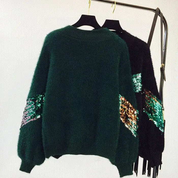 Overseized Mohair Sweater Women 2018 Autumn Winter Warm Rabbit Hair Glitter Patchwork Batman Sleeve Thick Loose Pullover | Женская