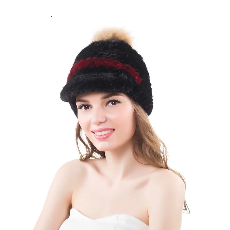 Real Mink Fur Hats With Raccoon Pompom Winter Warm Fashion Women Visors Hat Caps |