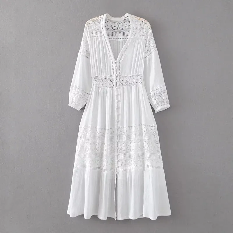 Женское длинное платье Boho белое кружевное с длинным рукавом лето 2019|Женские