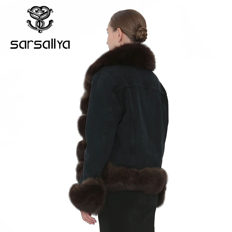 SARSALLYA Натуральный Реальный лисий мех джинсовая куртка Для женщин пальто парка