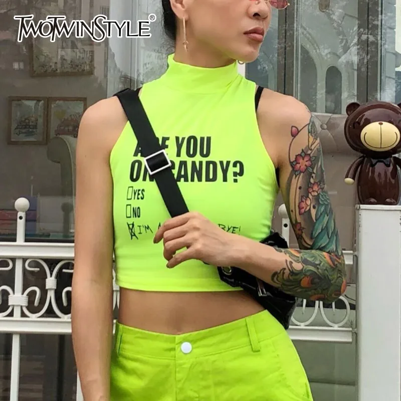 Женские майки TWOTWINSTYLE с принтом без рукавов высоким воротом весенние 2020 | Женская