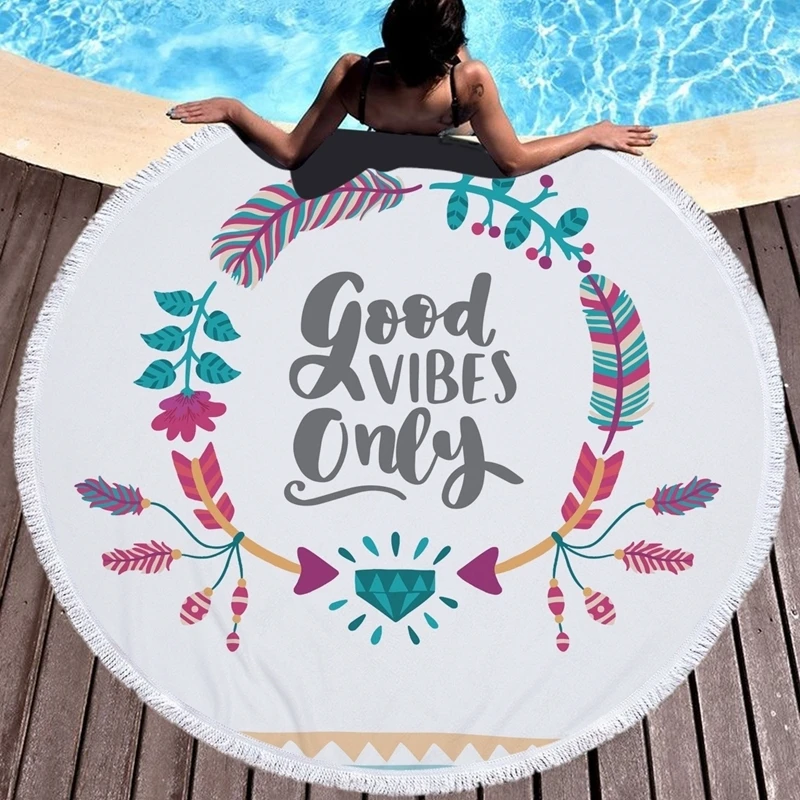 Colorful Feather Round Beach Towel Printed Microfiber With Tassels Travel Tapestry Bath Towels Bohemian Home Decor Kids Play Mat | Дом и сад