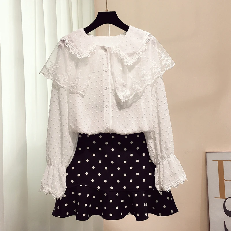 Женская рубашка в горошек с длинными рукавами и воротником Питер Пэн Корейском