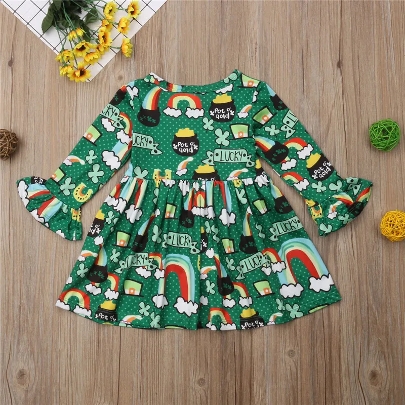 Christmas Princess Baby Girl Dress Flare Long Sleeve Ruched Cartoon Printing Party Clothes Fashion Kids Costume | Детская одежда и