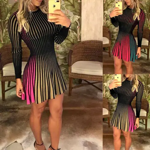 Женское платье с длинным рукавом плиссированное мини-платье в полоску для
