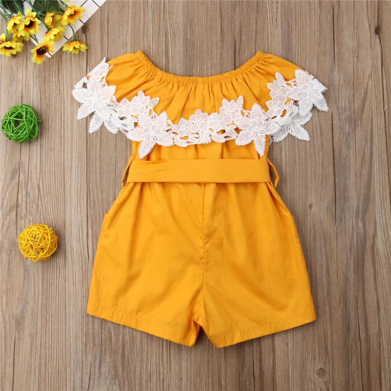 

Hot Summer Newborn Baby Girls Romper Lace Flowers Off Shoulder Jumpsuit Bow Belt Pladsuit Baby Girl Sunsuit Cotton Clothes 0-24M