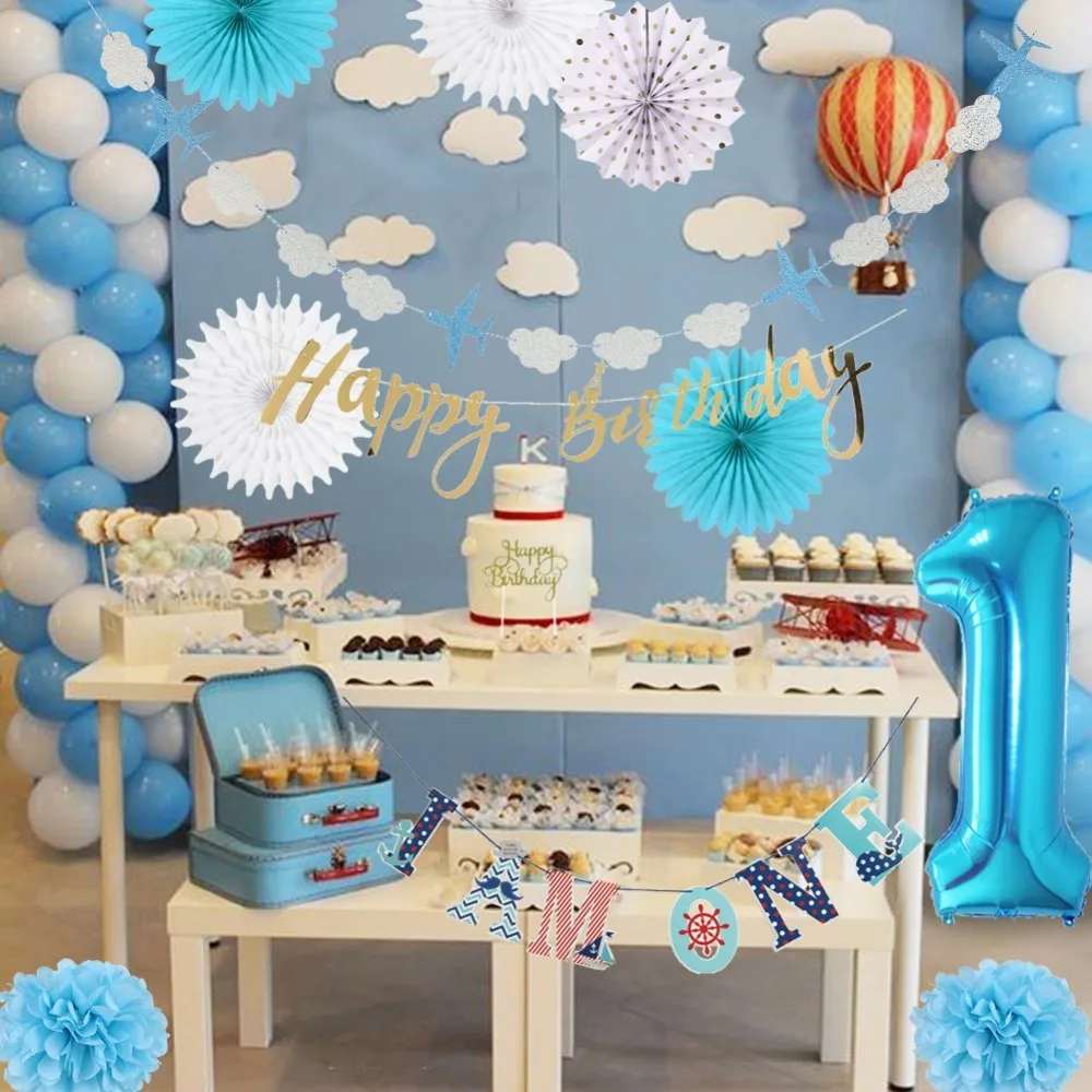 First Birthday Boy Party 1st Decor 28pcs/set With I AM ONE Banner Latex Balloon Paper Rosette Fans For Kids | Дом и сад