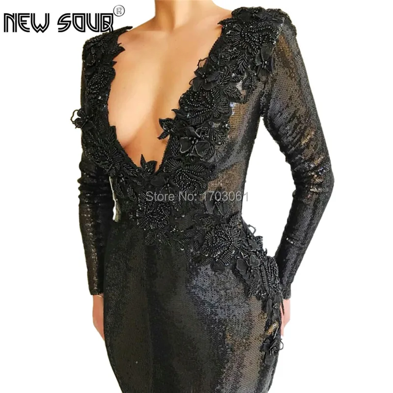 Блестящие черные Официальные Вечерние платья с V-образным вырезом платье для