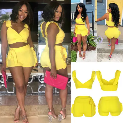 Пикантное женское без рукавов Playsuit комбинезон Rompers Ruffled Короткие штаны 2 шт.