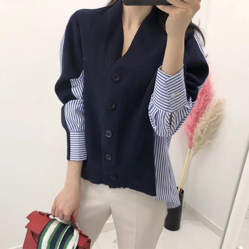 GALCAUR Patchwork Striped Sweater For Women Long Sleeve Asymmetrical Cardigans Female Jumper Fashion 2018 Autumn New |