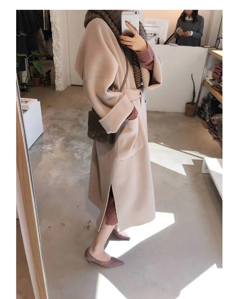 Office Lady Solid Long Coat for Women Slim Fashion Wool and Jacket Lace-up Clothes 2018 | Женская одежда