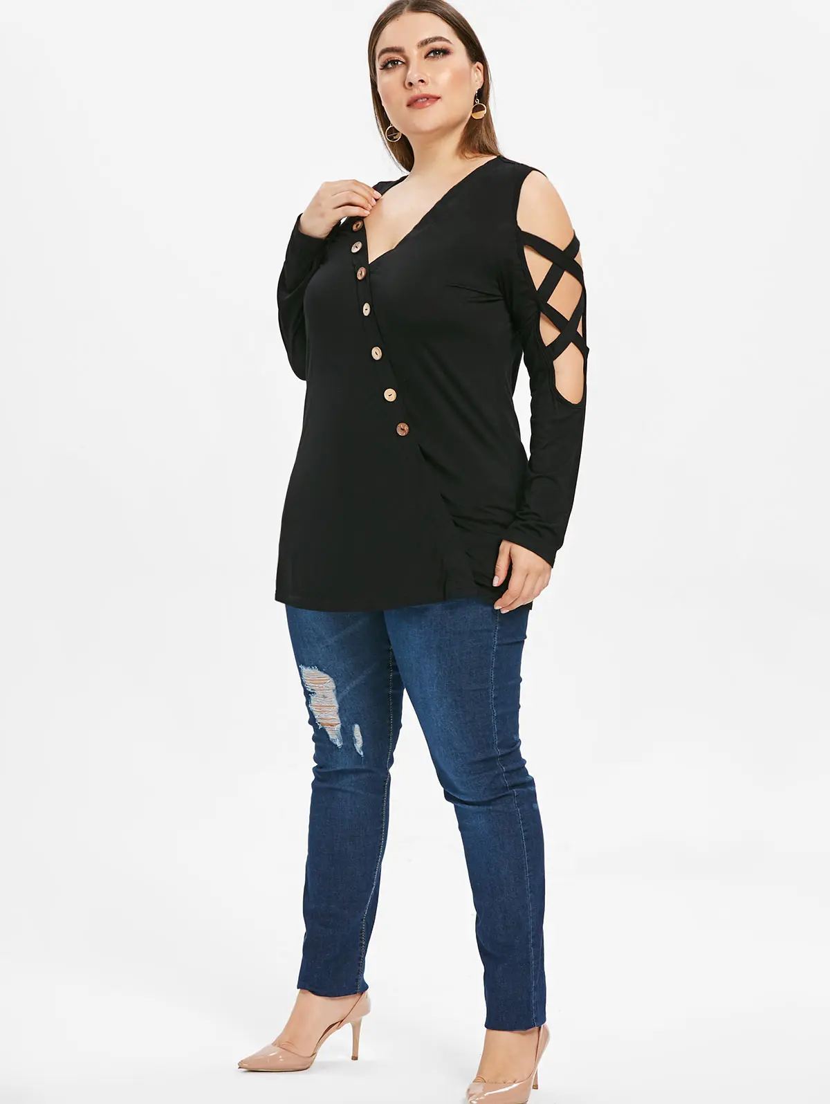 Wipalo Women Plus Size Open Shoulder Buttons Criss Cross T-Shirt Plunging Neck Long Sleeves Casual Solid Tee Ladies Tops 5XL | Женская