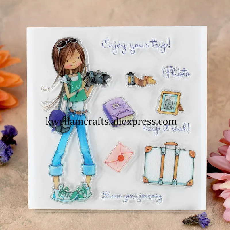 Enjoy your trip Girl Scrapbook DIY photo cards rubber stamp clear transparent 10x10cm KW7102474 |