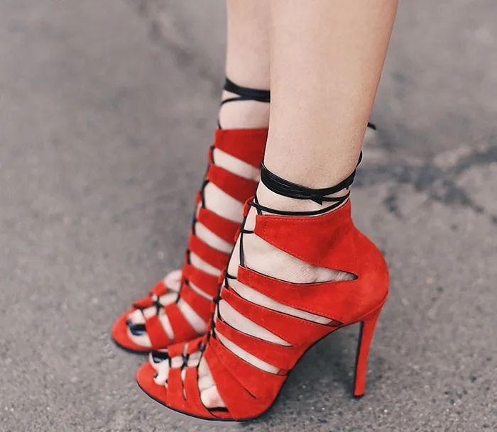 

Rome Style Women Shoes in Narrow Bands Ankle Buckle Strap Cross Tied Lace up Super High Heel Sexy Hollow Pattern Sandal Summer