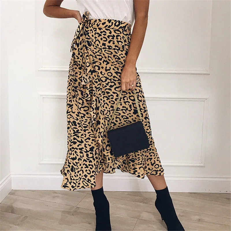 Женская длинная юбка с высокой талией макси в стиле бохо леопардовым принтом и