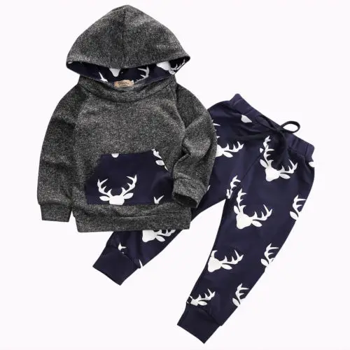 2018 Baby Moose Xmas Clothes Sets Newborn Infant Boys Girls Deer Hoodie Tops+Long Pants Outfits Clothing Set | Детская одежда и