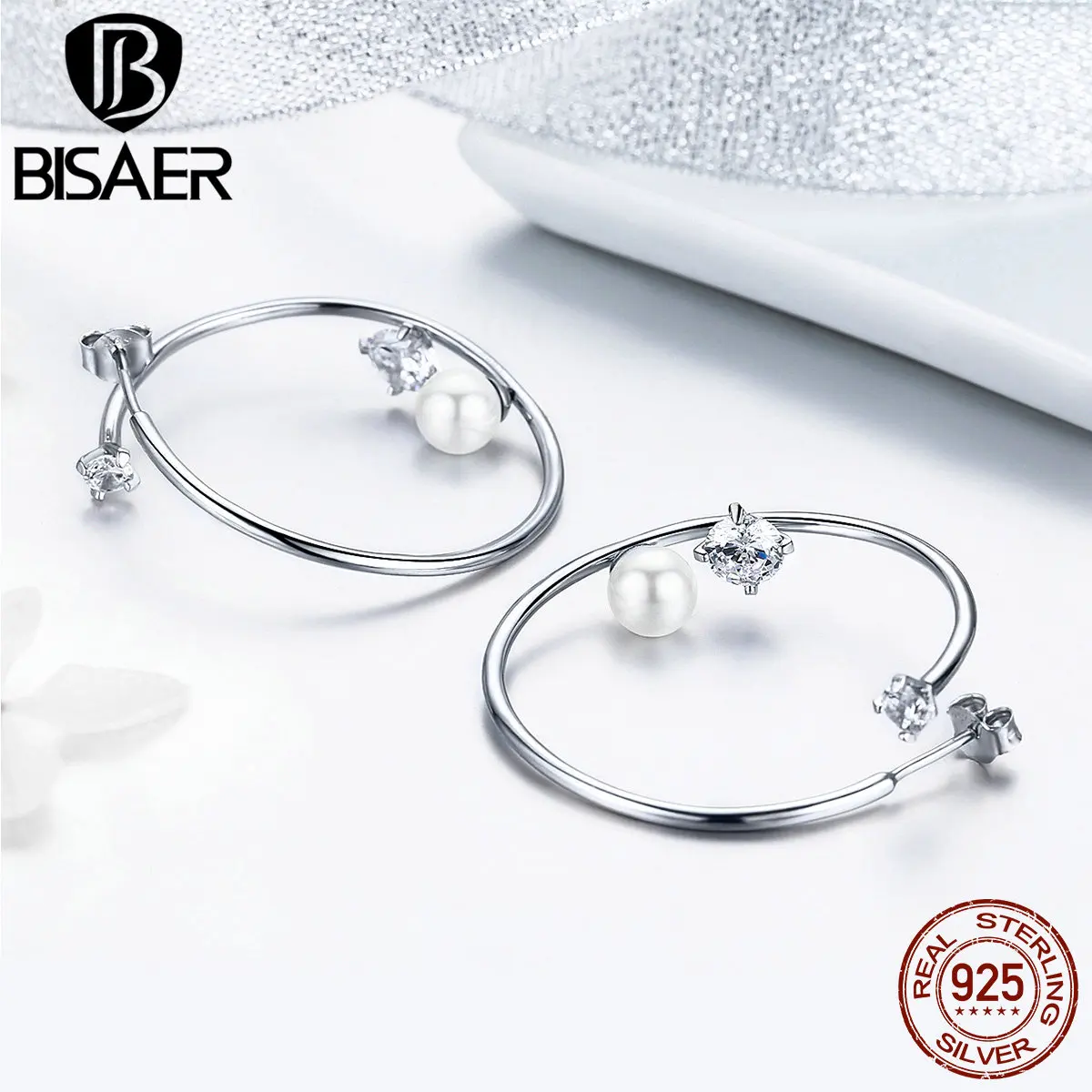 BISAER Горячая 925 пробы Серебряный Большой круг обруч серьги блестящая жемчужина для женщин круглый геометрический минималистский Свадебные украшения GAE074