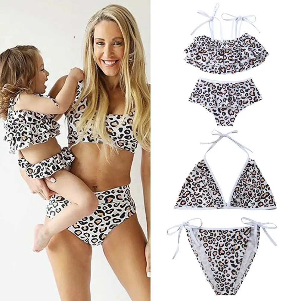 Семейный купальный костюм для мамы и дочки леопардовый купальник бикини