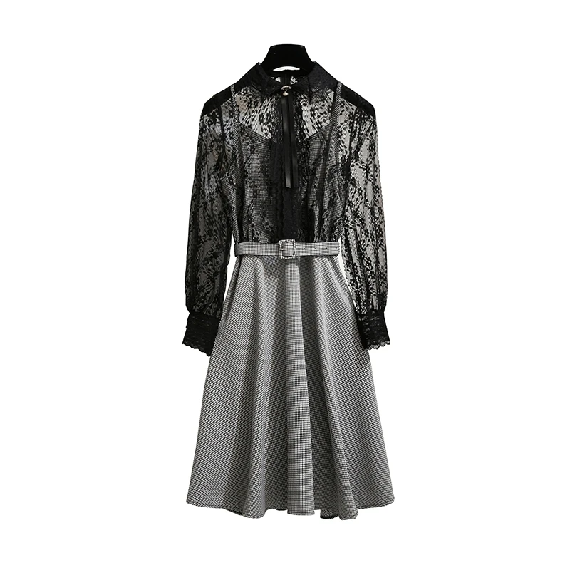 

2019 winter dress stitching lace patchwork new grid design sexy women casual vogue Korean fashion vestido belted SALE clothes