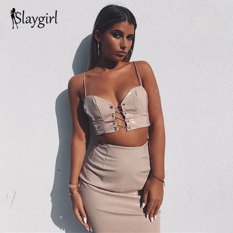 Slaygirl сексуальный женский бандаж из искусственной кожи двух частей на молнии с