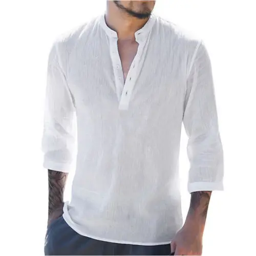 

Men's Three Quarter Sleeve V neck Cotton Linen Shirts Basic Casual Shirt Thin Tops Blouse Shirt