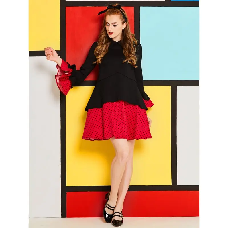 Женское платье в горошек винтажное с расклешенным рукавом милая 60 s весенняя