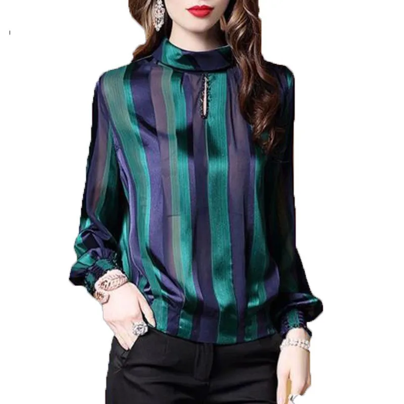 Loose high quality womens tops and blouses Plus Size Stripe Long Sleeve Shirt Women Fashion silk casual thin blouse female ls096