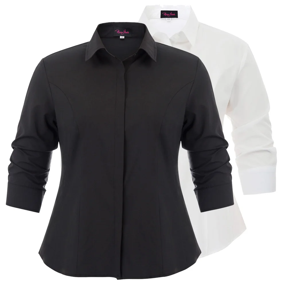 Plus Women OL Shirt 3/4 Sleeve Office Lady Lapel Collar Button Blouse Tops Tee |