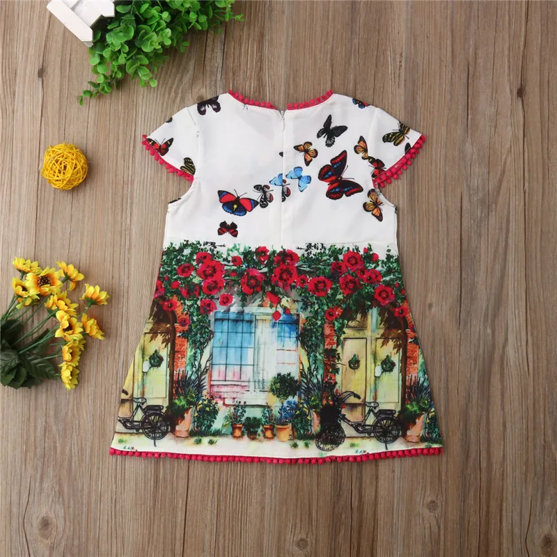Boutique Toddler Kids Baby Girls Oil Painting Printed Princess Dresses Casual Girl Tassels Bow Short Sleeve Summer Dress 1-6T | Детская