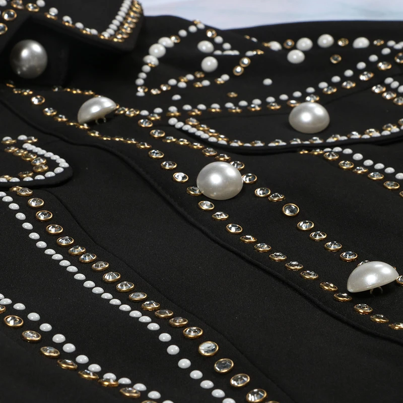 Женская куртка черная с алмазным жемчугом для подиума 2018 | одежда