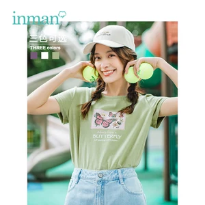 Женская хлопковая Футболка с круглым вырезом, Повседневная универсальная Приталенная футболка с коротким рукавом и принтом бабочки