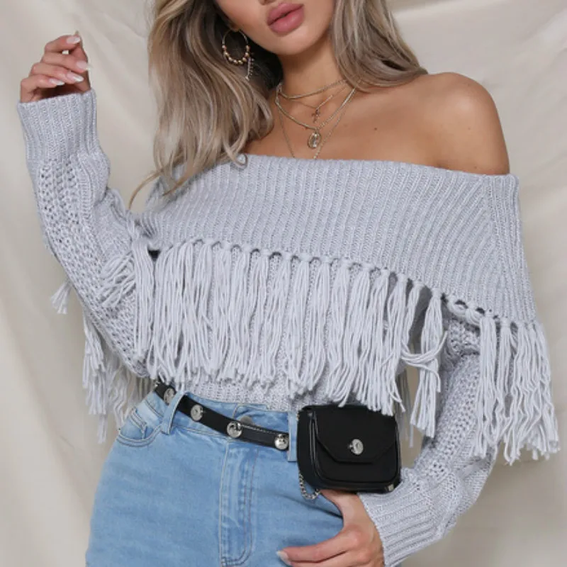 Sexy Women Slash-Neck Tassels Sweater Off the shoulder Fringed Pullover Knitted Shirt Long Sleeved High Waist Tops 2018 New | Женская