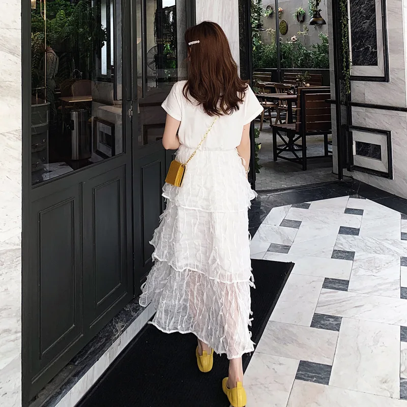 LANMREM 2020 New Fashion Short Sleeve Patchwork Lace Hemline High Waist White Dress For Women Female's Clothing Vestido YG80600 | Женская