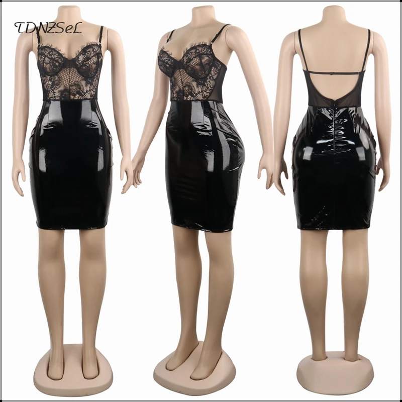 Пикантные кружевные из искусственной кожи платье футляр для Для женщин Спагетти