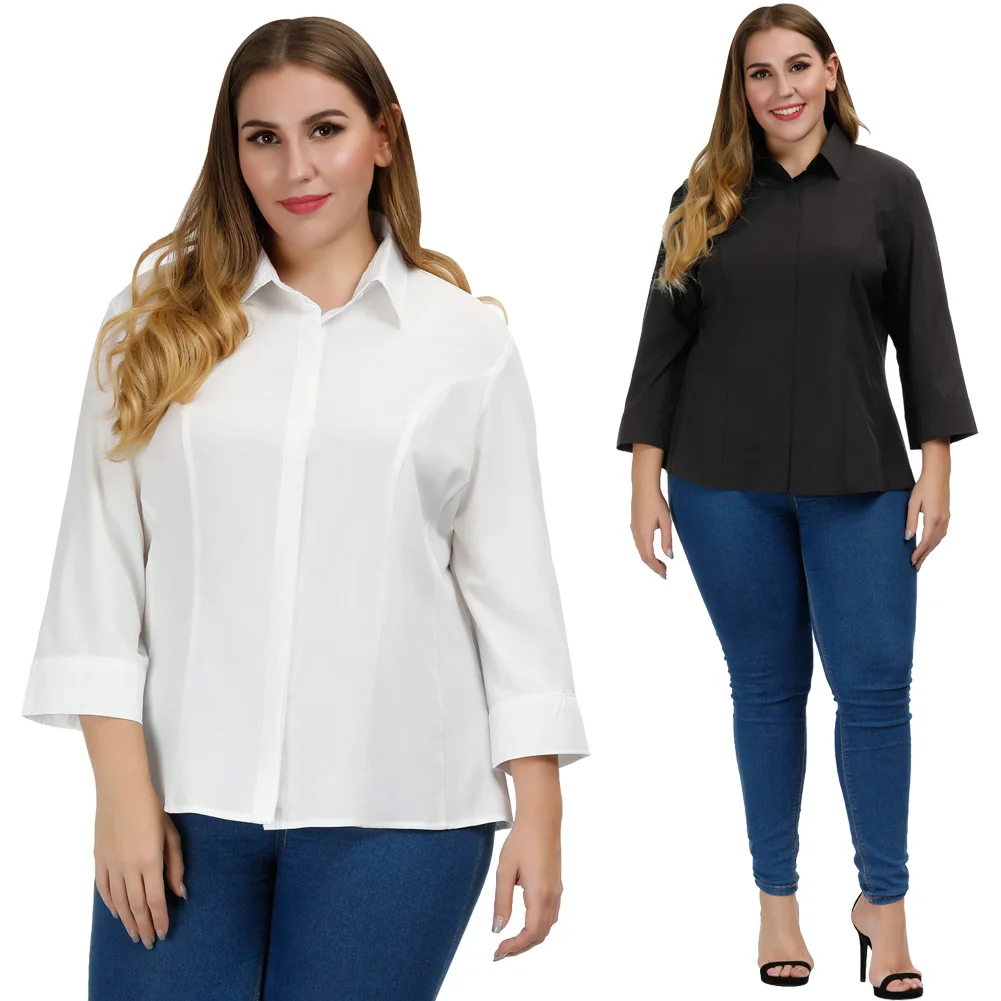 Plus Women OL Shirt 3/4 Sleeve Office Lady Lapel Collar Button Blouse Tops Tee |