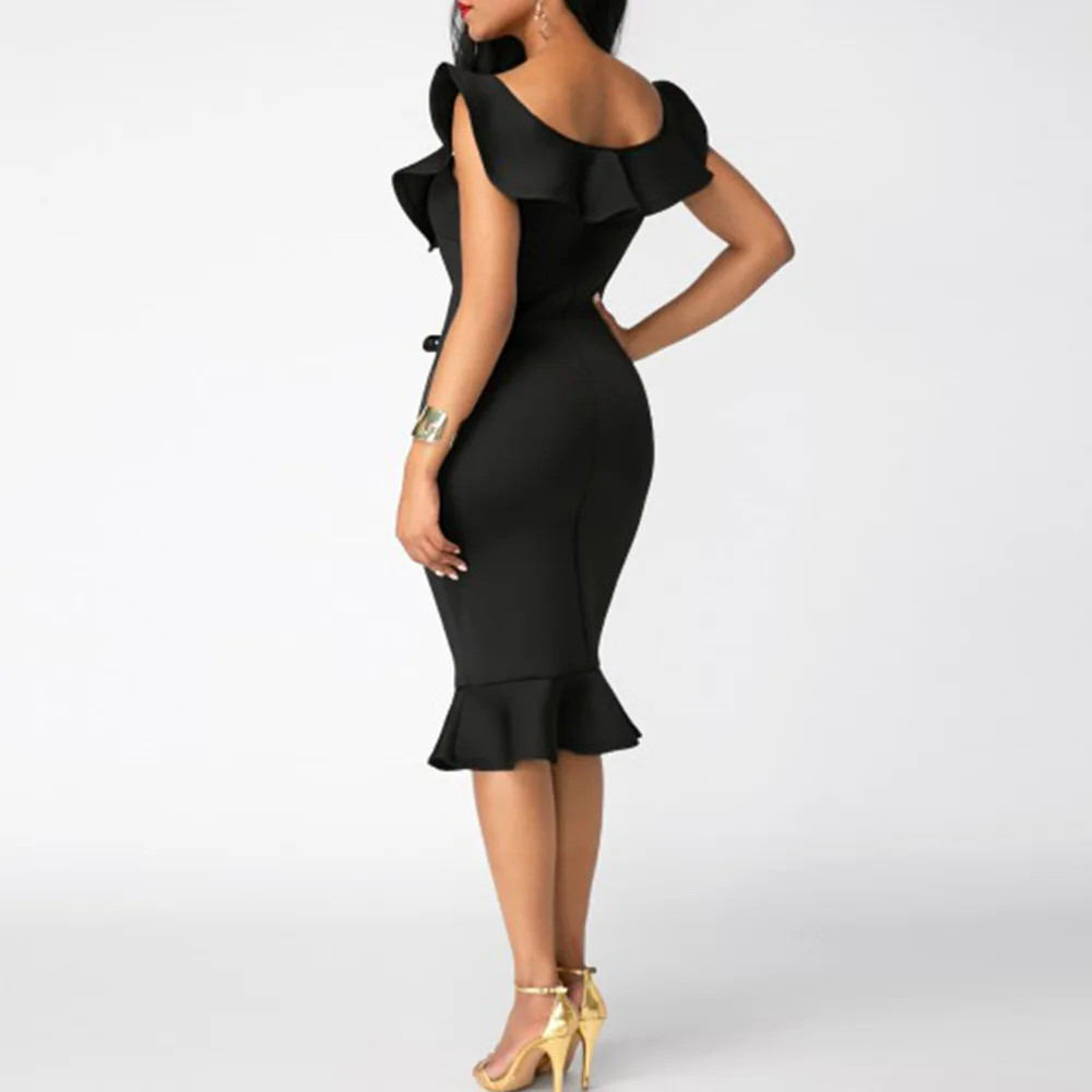 Sexy Sleeveless Ruffles Mermaid Dress for Women Solid Knee Length Summer Party Dresses Elegant Empire Club Vestidos|Женские платья| |
